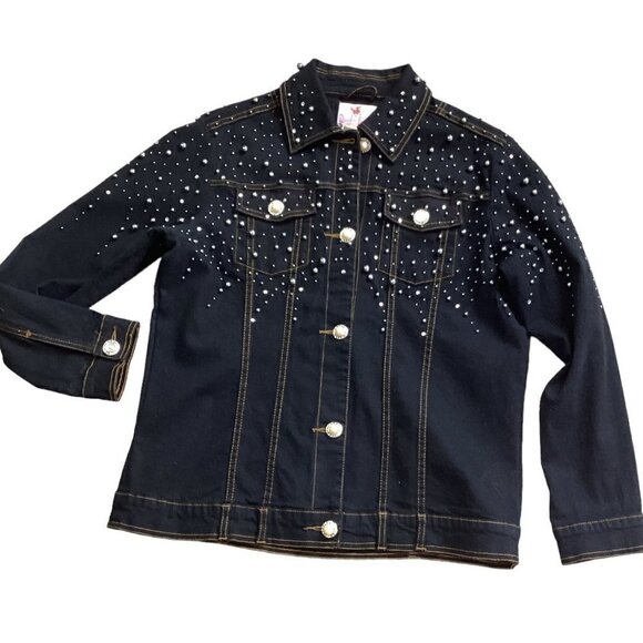Quacker Factory Black Denim/Jean Jacket Pearl Buttons Beaded Studed Sz XS #57X - Picture 2 of 9